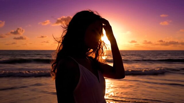 Woman on the beach at sunset, enjoying the beautiful ocean view.