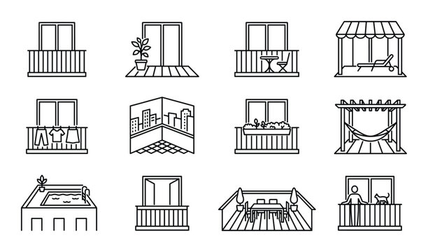Exterior building balconies with fence vector illustration isolated on transparent background