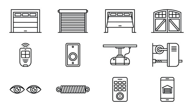 Garage door system line icons for home security smart control maintenance and automation equipment