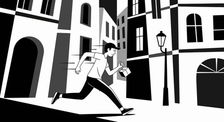 Man Running Down Street with Backpack.