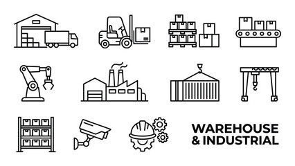 Industrial warehouse icon set including manufacturing tools forklift factory building storage crane © GoDesigner