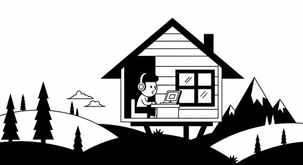 Man Working on Laptop in Cabin.