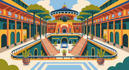 Vibrant Illustration of Courtyard Architecture Design.