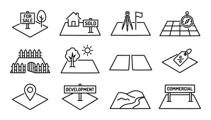 Land for sale icon set including development site survey tools commercial plot and topographical map © GoDesigner