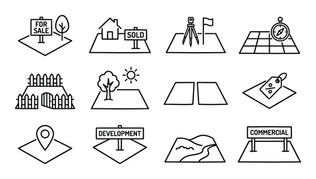 Land for sale icon set including development site survey tools commercial plot and topographical map