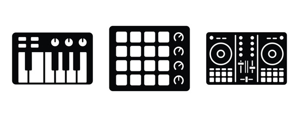 Music production equipment icon set featuring midi keyboard and drum pad controller silhouette art © GoDesigner