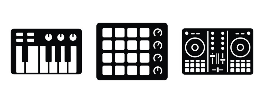 Music production equipment icon set featuring midi keyboard and drum pad controller silhouette art