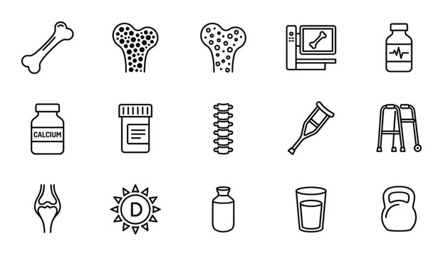 Orthopedic medicine line icon collection with bone health and medical equipment on transparent grid