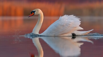 Obraz premium Elegant white swan gliding across still water, bathed in warm, sunset hues