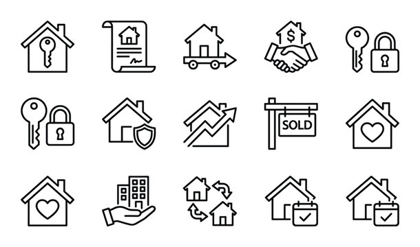 Real estate linear icons set on transparent background for property and construction theme