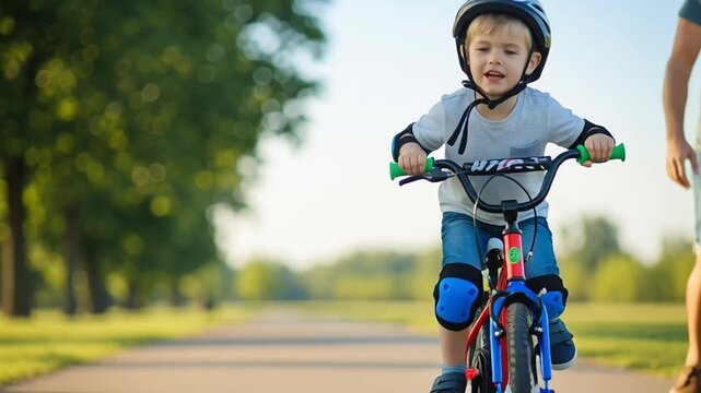 Father teaching son to ride bicycle.