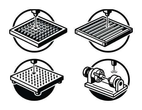 Simple flat black silhouette of cnc milling machine vector design icon set