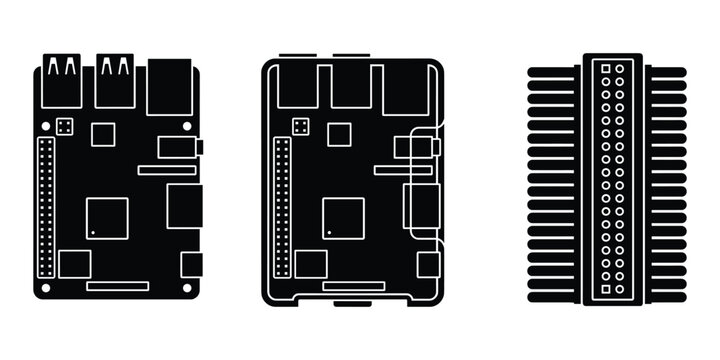 Simple flat black silhouette of raspberry pi board single board computer vector design icon