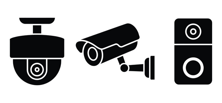 Simple flat black silhouette of surveillance security camera and speaker vector design icon