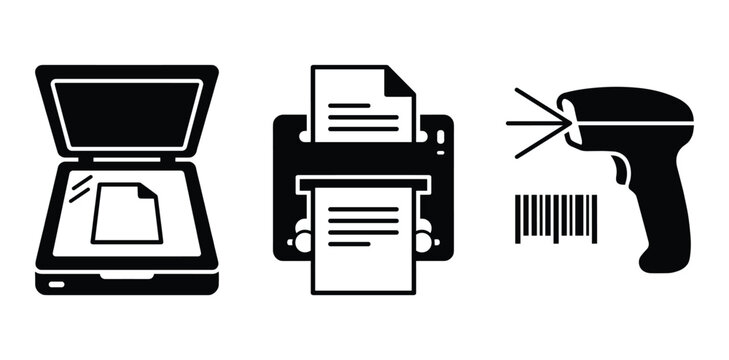 Simple flat black silhouette of scanner printer barcode reader vector design icon set
