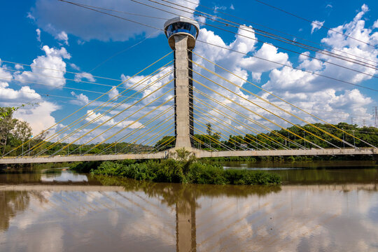 Salto, SP, Brazil. March 09, 2022. The modern cable-stayed bridge in Salto, featuring a panoramic viewpoint at its peak. This architectural landmark spans the Tiete River, symbolizing infrastructure.