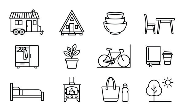 Tiny house interior and lifestyle line icons for minimalist living furniture and outdoor equipment