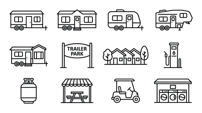 Trailer park icons for mobile home living recreational vehicle lifestyle and campground facilities