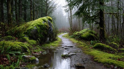 Obraz premium A path winds through a mossy forest under a misty sky, reflecting light