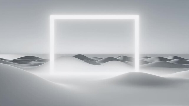 Abstract glowing neon rectangle frame in a surreal desert landscape.
