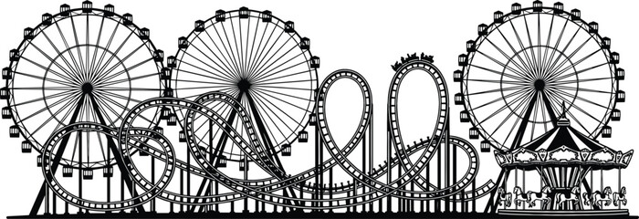 Detailed black silhouette vector illustration of an amusement park skyline with Ferris wheels, roller coasters, and a carousel © Bappi