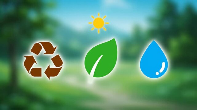Eco-friendly symbols and nature elements in a serene outdoor setting with recycling, leaf, and water icons