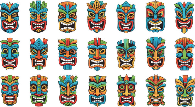 Flat vector illustration set of twenty-one colorful Polynesian-style tiki masks with various expressions and tribal carved details