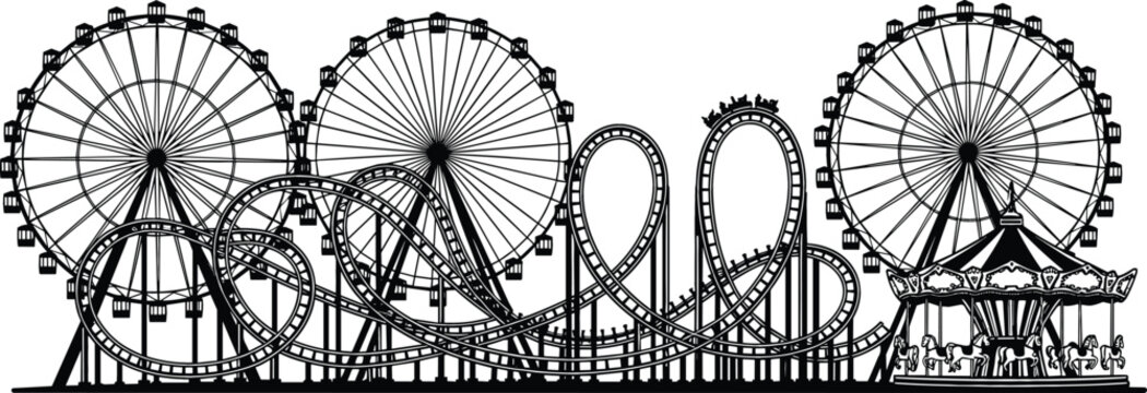 Detailed black silhouette vector illustration of an amusement park skyline with Ferris wheels, roller coasters, and a carousel