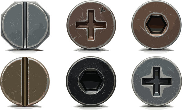 Set of realistic metal screw heads with Phillips flat and hex drive textures for hardware and industrial design