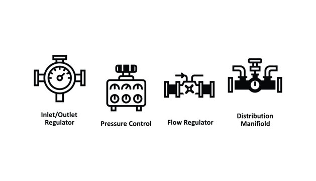 Oilfield regulator icon set including flow pressure inlet outlet and distribution manifold vector