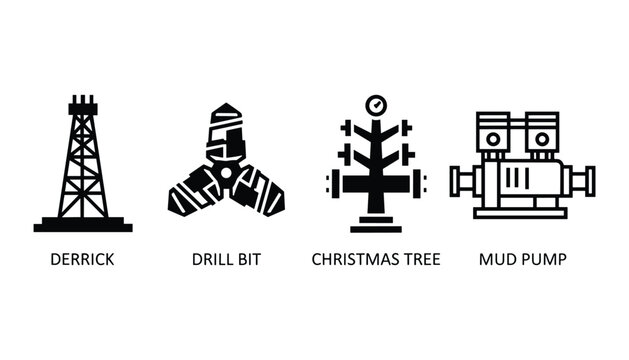 Oilfield equipment icon set including derrick drill bit christmas tree and mud pump vector illustration