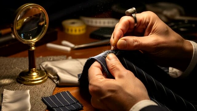 Tailor meticulously sewing fabric with needle and thread close up.