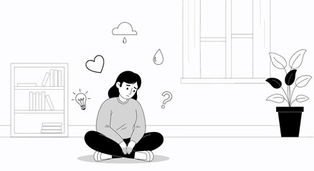 Woman Sitting on Floor with Thought Bubbles.