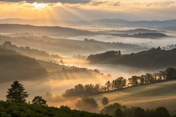 Obraz premium Golden sunrise over a misty mountain valley with sunbeams filtering through clouds and morning fog