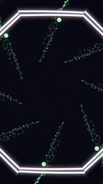 glowing neon frame with shooting stars on dark background.