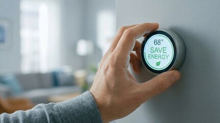 Fototapeta premium A man hand adjusting a digital thermostat knob displaying the words ‘SAVE ENERGY’, symbolizing energy efficiency and reduced power consumption