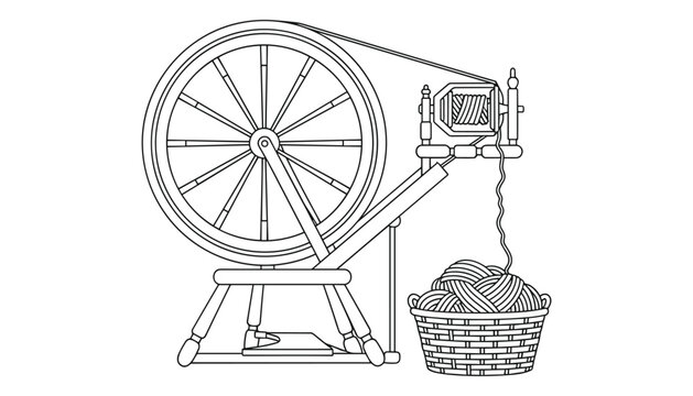 Spinning wheel line art equipment to spin yarn or thread outline antique handcraft machine tool vector