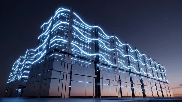 Futuristic skyscraper with blue neon wave lights against twilight sky and faint stars