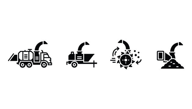 Wood processing line icon set biomass shredder chipping and grinding equipment sawmill service vector