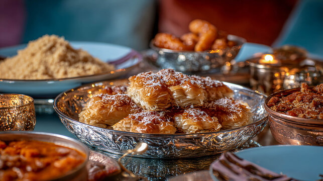 Authentic Moroccan cuisine spread with traditional tableware