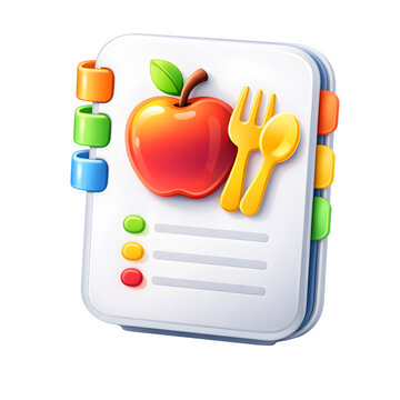 3D illustration of a healthy meal planner notebook featuring a red apple and cutlery icon, representing diet tracking, nutrition, and wellness.