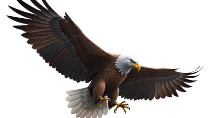 Obraz premium Hyper-realistic eagle flying with wings fully spread, dynamic perspective angle, feather detail, dramatic lighting, wildlife action shot style, isolated on transparent background, PNG, advertising nat
