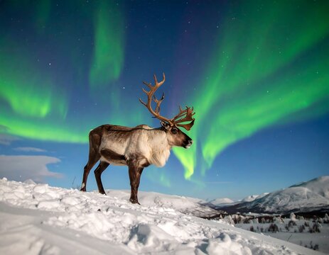 A majestic reindeer stands atop snow-covered terrain, illuminated by vibrant green aurora borealis lights in the night sky
