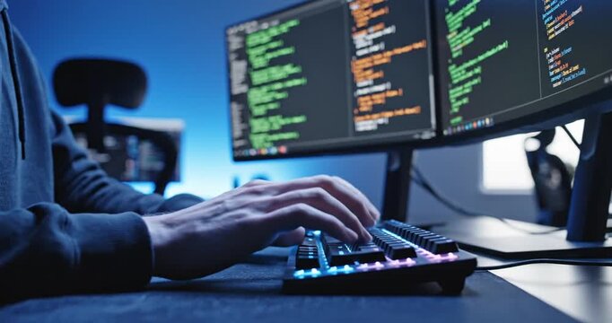 A programmer typing code on a mechanical keyboard in a modern workspace with dual monitors