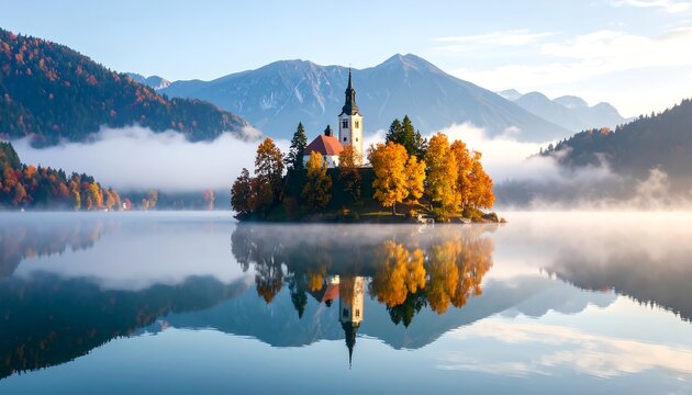 Serene autumn landscape showcases a small island church atop a tranquil lake, surrounded by vibrant foliage and mist. Mountains frame the background