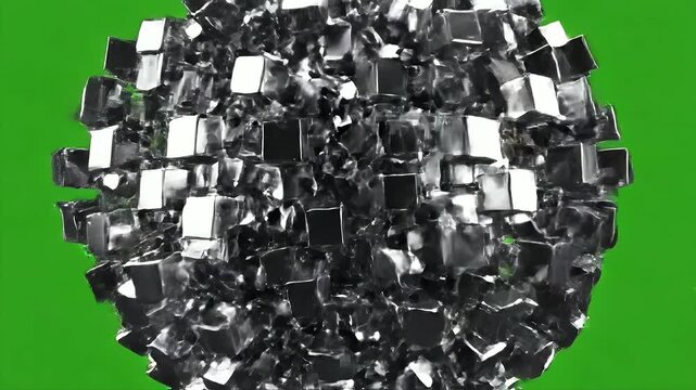 Sphere of reflective, dark, angular fragments against a vivid green backdrop