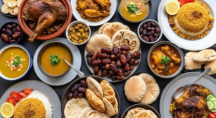 A vibrant overhead shot of a traditional Middle Eastern feast, featuring roasted chicken, rice, flatbreads, dates, olives, and various savory dishes arranged on a dark table.