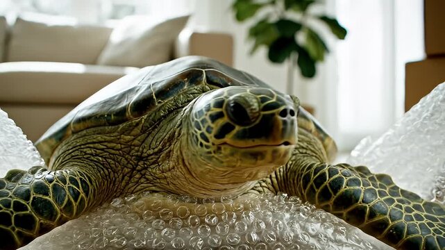 Playful turtle explores bubble wrap in cozy living room video.