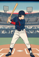 野球打者 全身図｜浮世絵風のイラスト