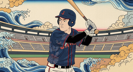 荒波と野球打者の浮世絵風イラスト、日本代表スタイル